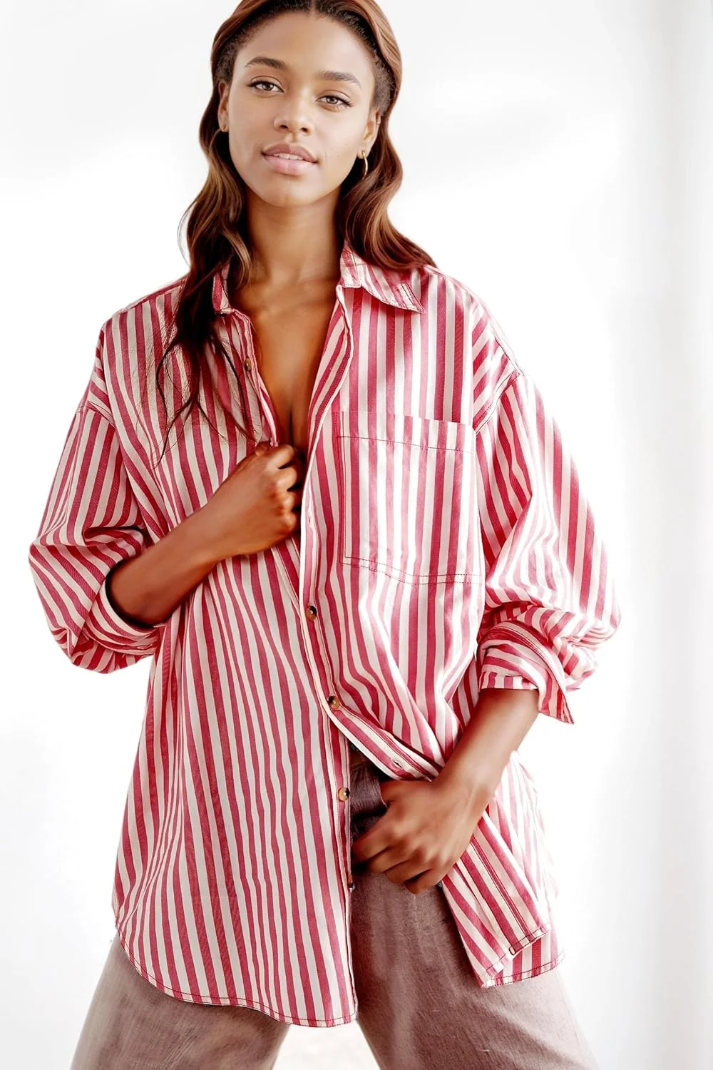 بلوز راه راه زنانه، آستین بلند، دکمه دار، پیراهن های غیر رسمی، سایز بزرگ، یقه دار