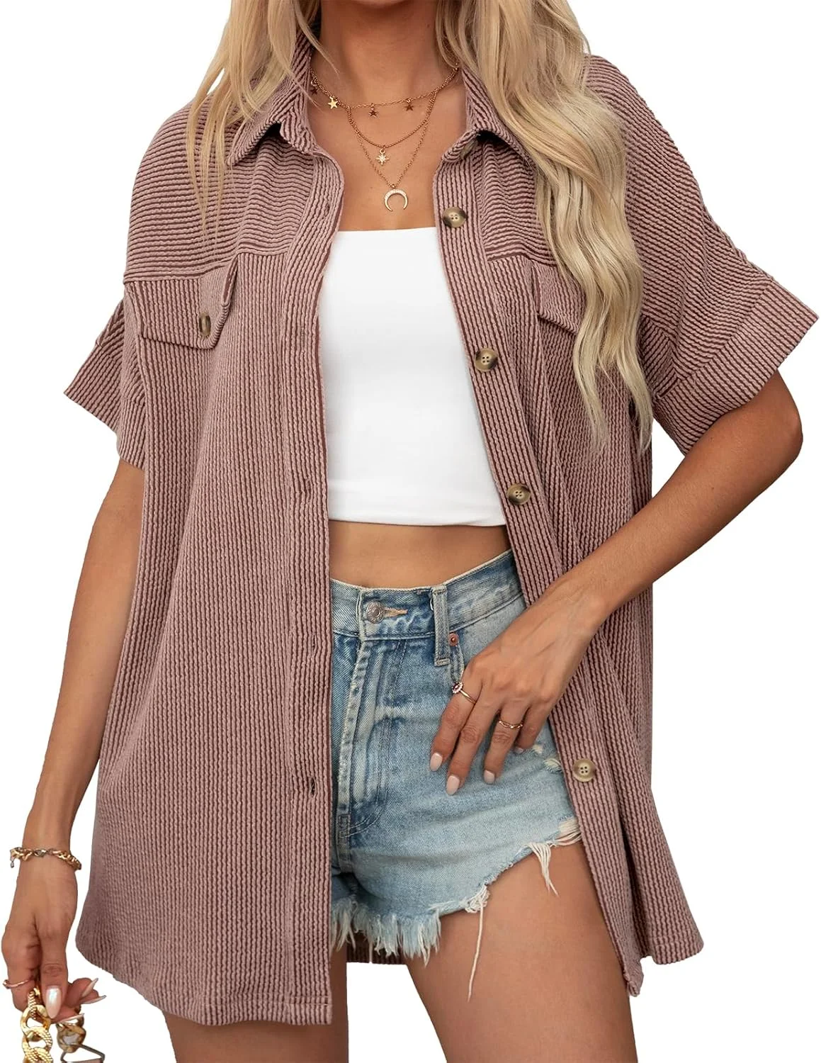 بلوز زنانه دکمه دار کبریتی آستین کوتاه، مناسب استایل کژوال و نیمه رسمی برای تابستان