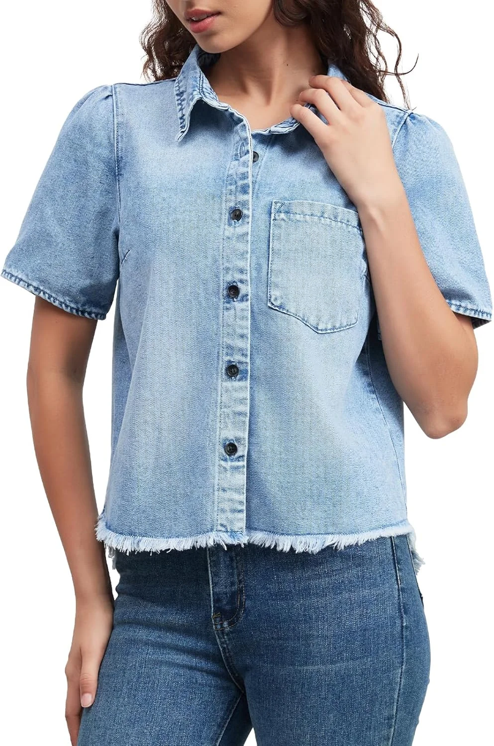 پیراهن جین آستین کوتاه زنانه LifeShe، بلوز دکمه دار تابستانی، تاپ های جین حاشیه دار