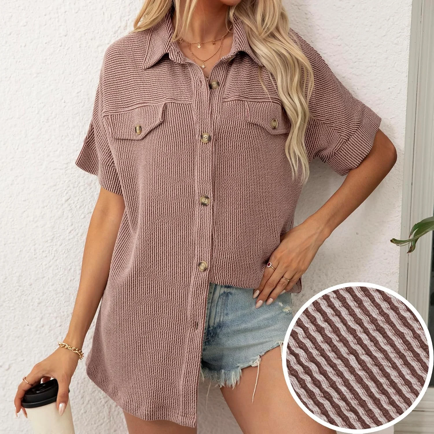 بلوز زنانه دکمه دار کبریتی آستین کوتاه، مناسب استایل کژوال و نیمه رسمی برای تابستان