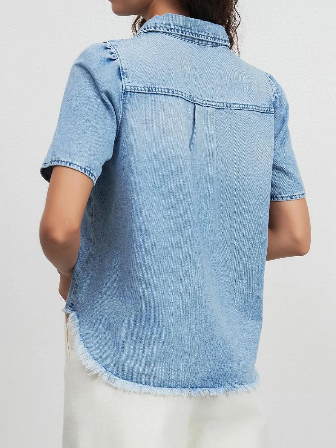 پیراهن جین آستین کوتاه زنانه LifeShe، بلوز دکمه دار تابستانی، تاپ های جین حاشیه دار