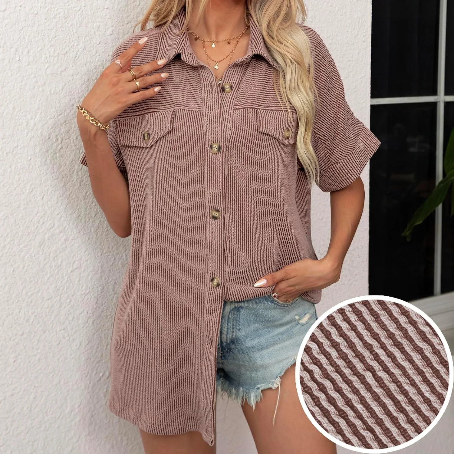 بلوز زنانه دکمه دار کبریتی آستین کوتاه، مناسب استایل کژوال و نیمه رسمی برای تابستان