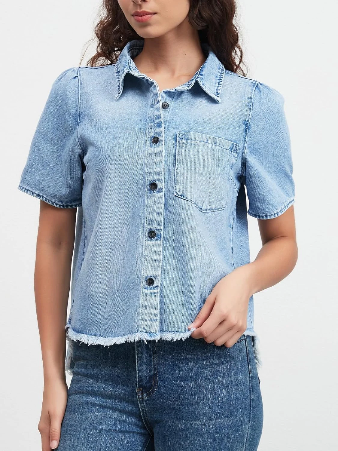 پیراهن جین آستین کوتاه زنانه LifeShe، بلوز دکمه دار تابستانی، تاپ های جین حاشیه دار