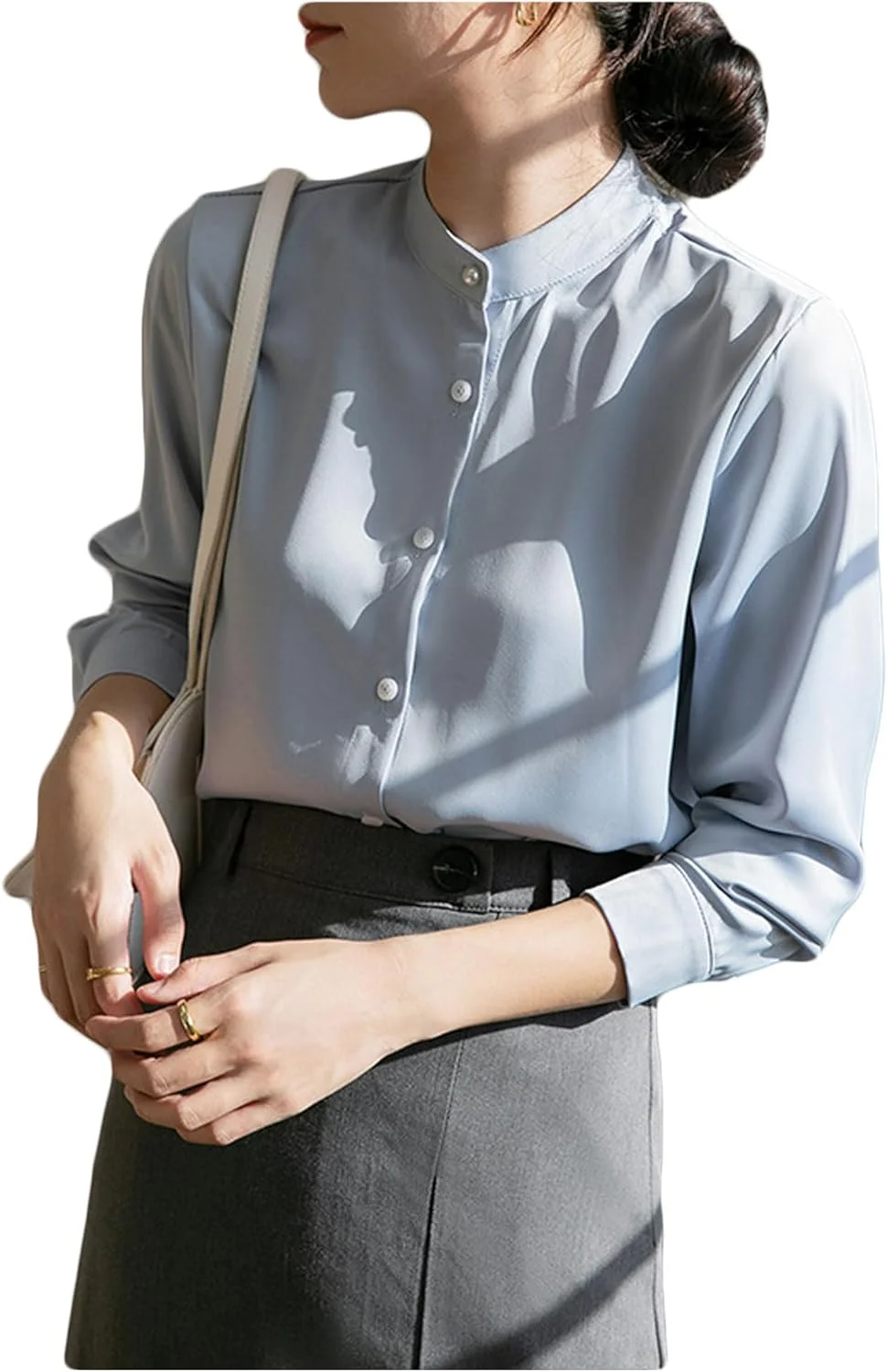 بلوز دکمه دار Legou، پیراهن یقه ایستاده، ساتن، آستین بلند زنانه، گشاد