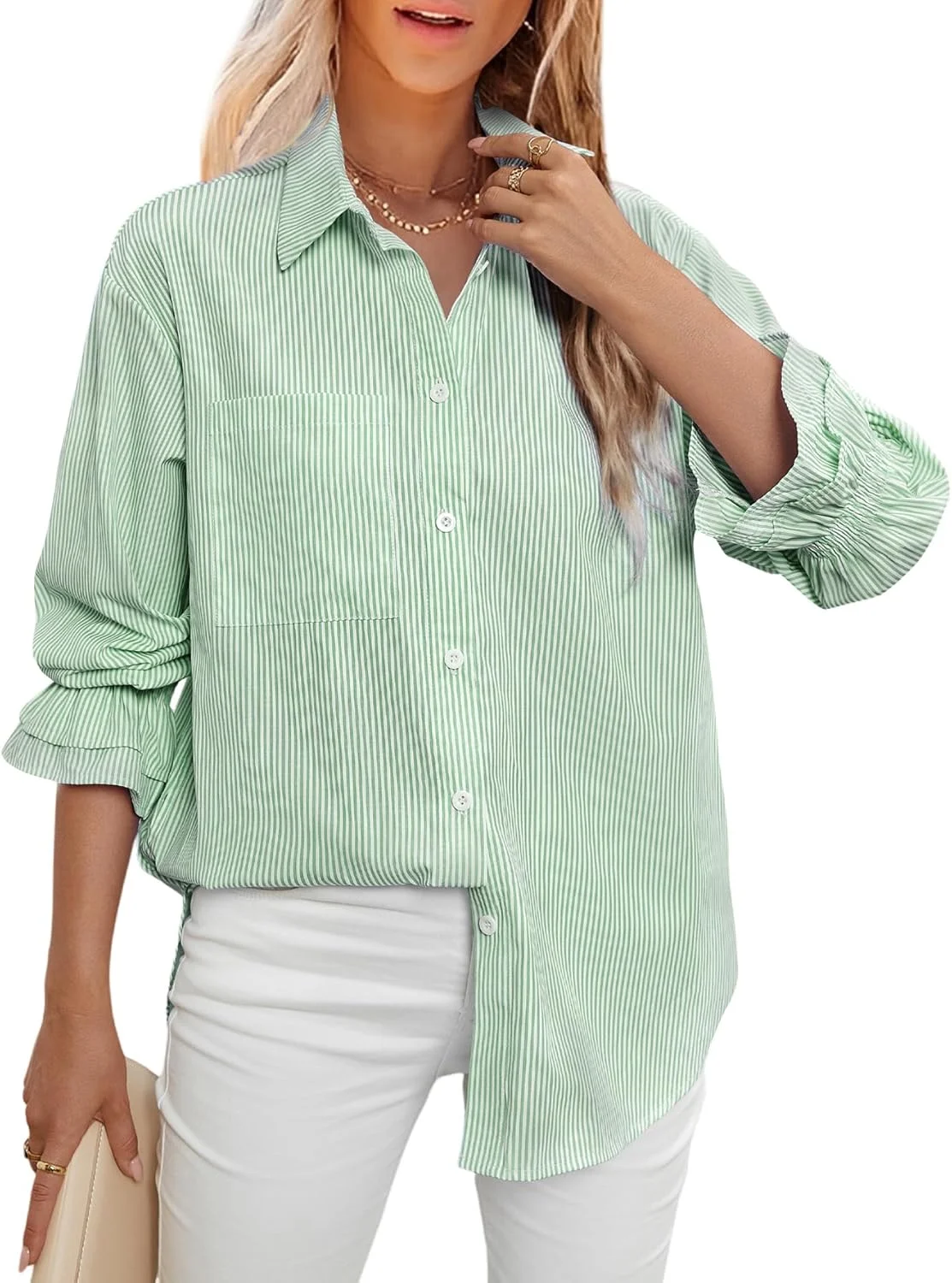 LEMAFER بلوز زنانه دکمه دار راه راه آستین پفی، مدل 2025، یقه دار، آستین چین دار، تاپ غیر رسمی با جیب