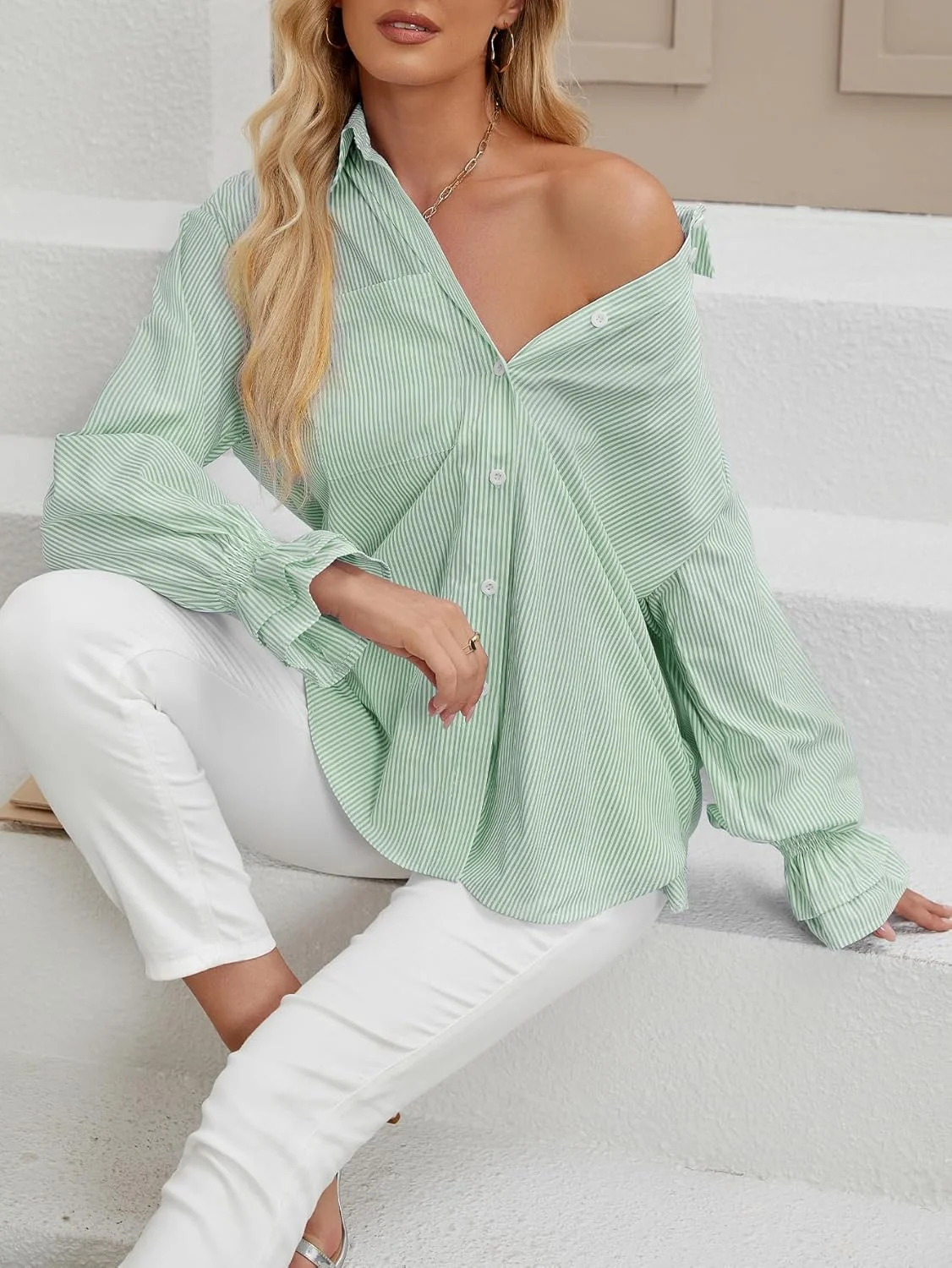 LEMAFER بلوز زنانه دکمه دار راه راه آستین پفی، مدل 2025، یقه دار، آستین چین دار، تاپ غیر رسمی با جیب