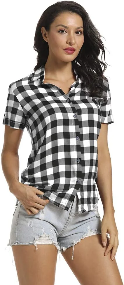 بلوز چهارخانه آستین کوتاه زنانه مدل مید لانگ