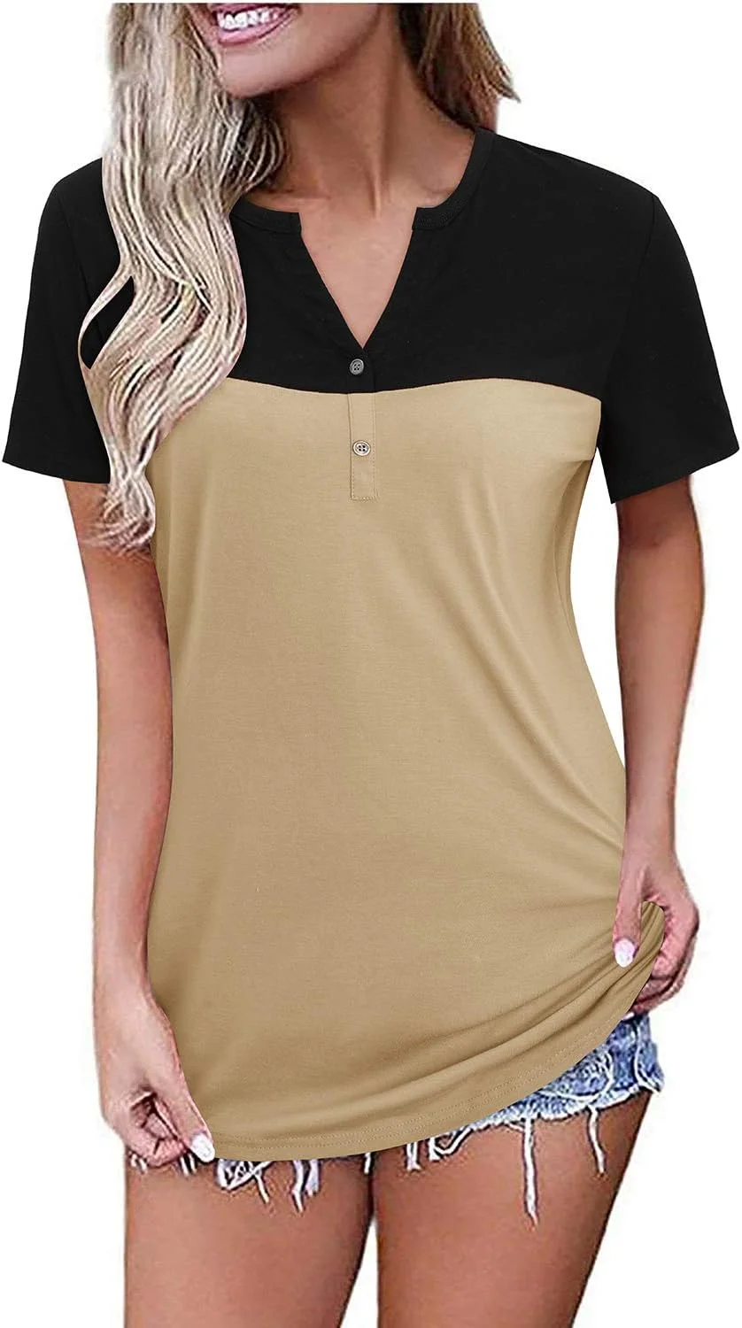 LAISHEN پیراهن زنانه آستین بلند و کوتاه، تی شرت دکمه دار یقه هفت، تاپ های رنگی تابستانی، بلوز هنلی گشاد و غیر رسمی