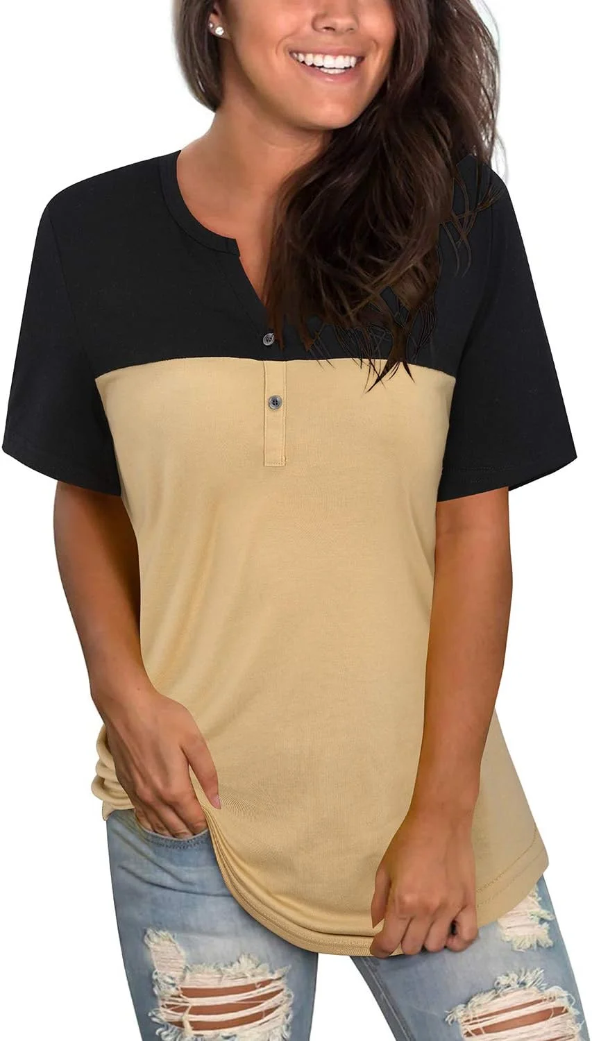LAISHEN پیراهن زنانه آستین بلند و کوتاه، تی شرت دکمه دار یقه هفت، تاپ های رنگی تابستانی، بلوز هنلی گشاد و غیر رسمی