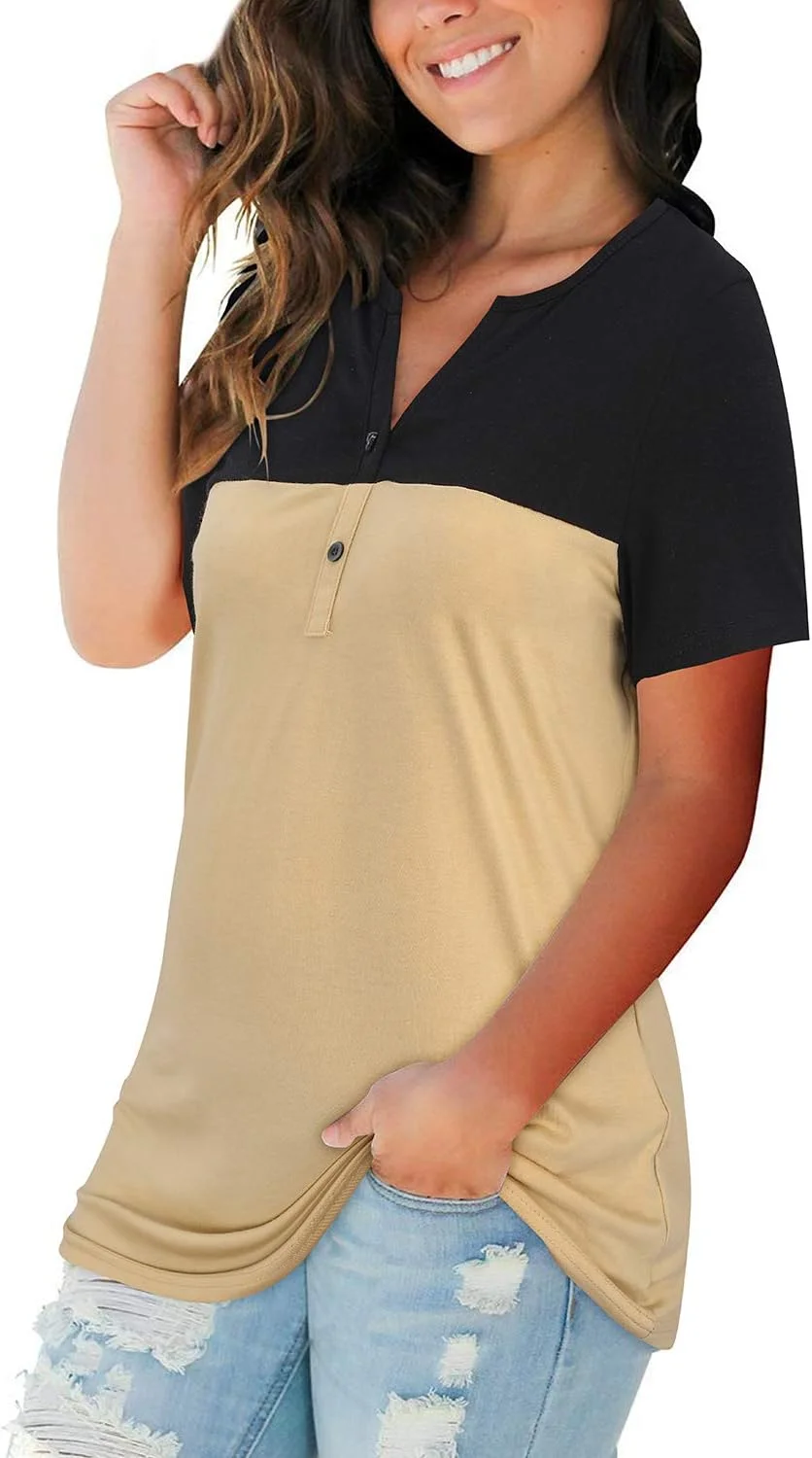 LAISHEN پیراهن زنانه آستین بلند و کوتاه، تی شرت دکمه دار یقه هفت، تاپ های رنگی تابستانی، بلوز هنلی گشاد و غیر رسمی