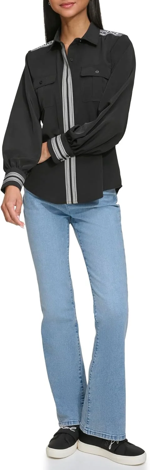 بلوز دکمه دار زنانه کارل لاگرفلد پاریس با جزئیات راه راه گروگن