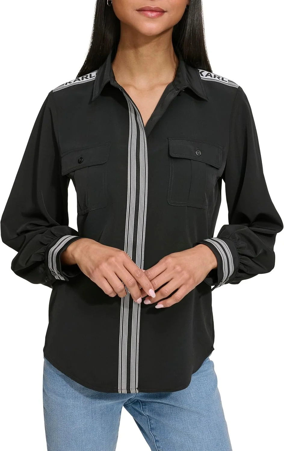 بلوز دکمه دار زنانه کارل لاگرفلد پاریس با جزئیات راه راه گروگن