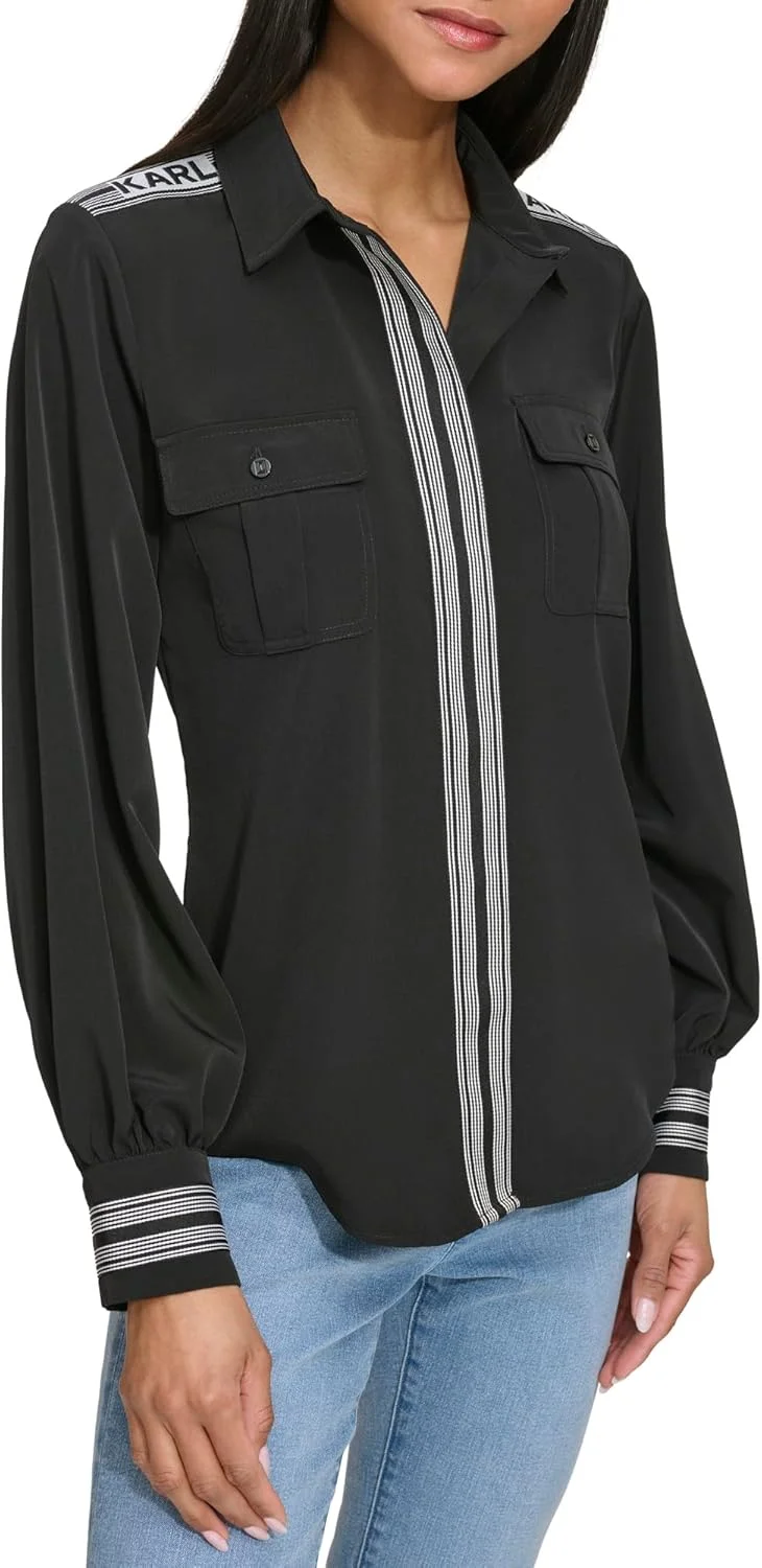 بلوز دکمه دار زنانه کارل لاگرفلد پاریس با جزئیات راه راه گروگن