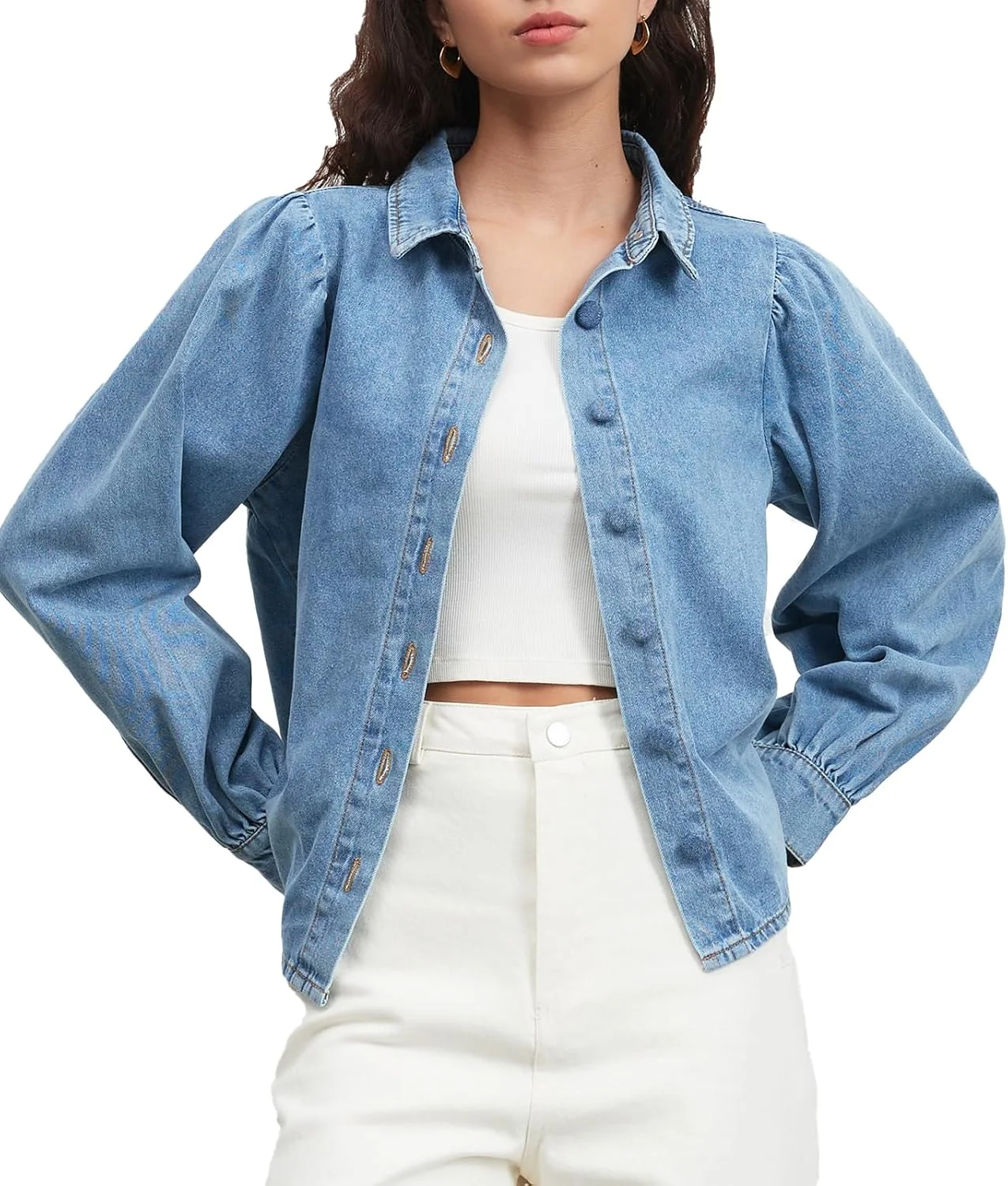 پیراهن جین زنانه Ladyful، دکمه دار، آستین بلند، مدل کوتاه، بلوز سبک وزن
