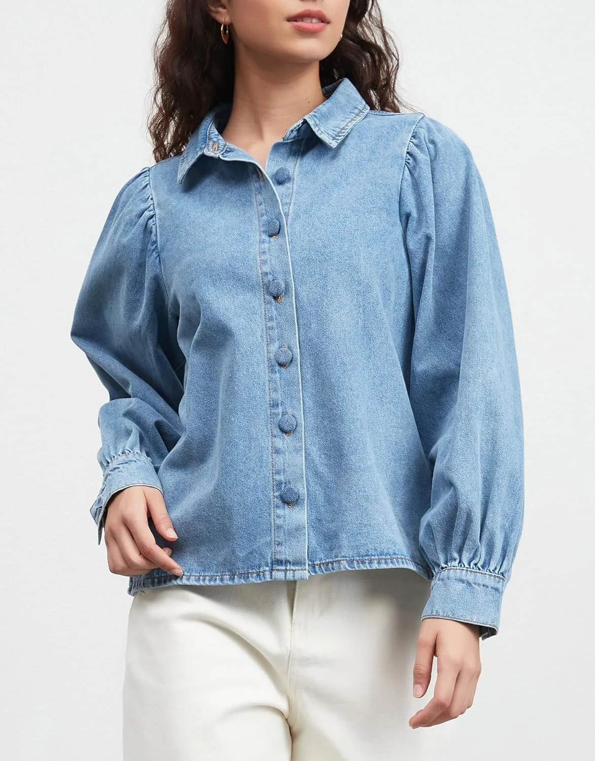 پیراهن جین زنانه Ladyful، دکمه دار، آستین بلند، مدل کوتاه، بلوز سبک وزن