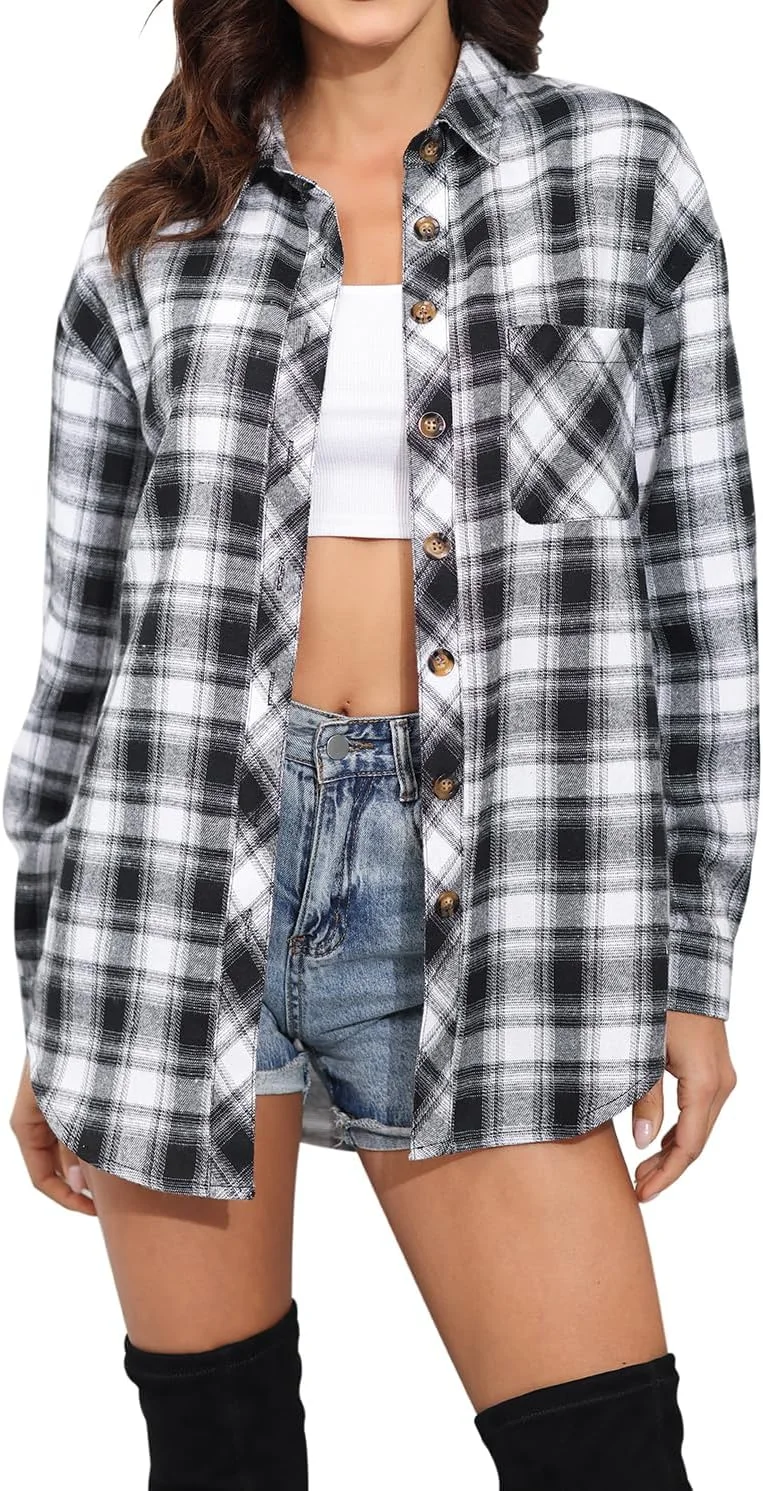 پیراهن فلانل چهارخانه بوفالو زنانه لاکوزی، آستین بلند، دکمه دار، مناسب برای تاپ و بلوز