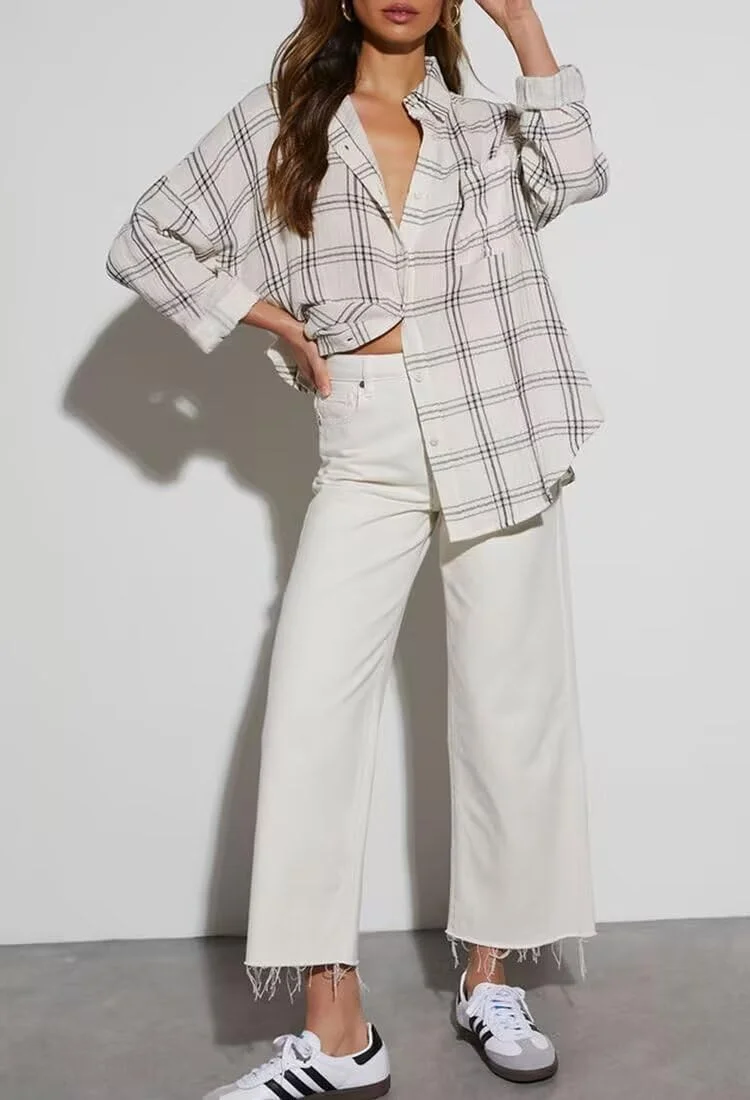 پیراهن فلانل چهارخانه بوفالو زنانه لاکوزی، آستین بلند، یقه دکمه دار، بلوز و تاپ، پنبه ای بژ، L