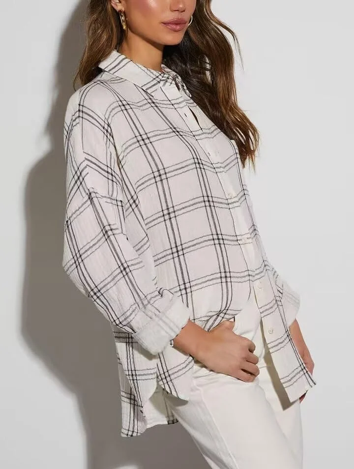 پیراهن فلانل چهارخانه بوفالو زنانه لاکوزی، آستین بلند، یقه دکمه دار، بلوز و تاپ، پنبه ای بژ، L