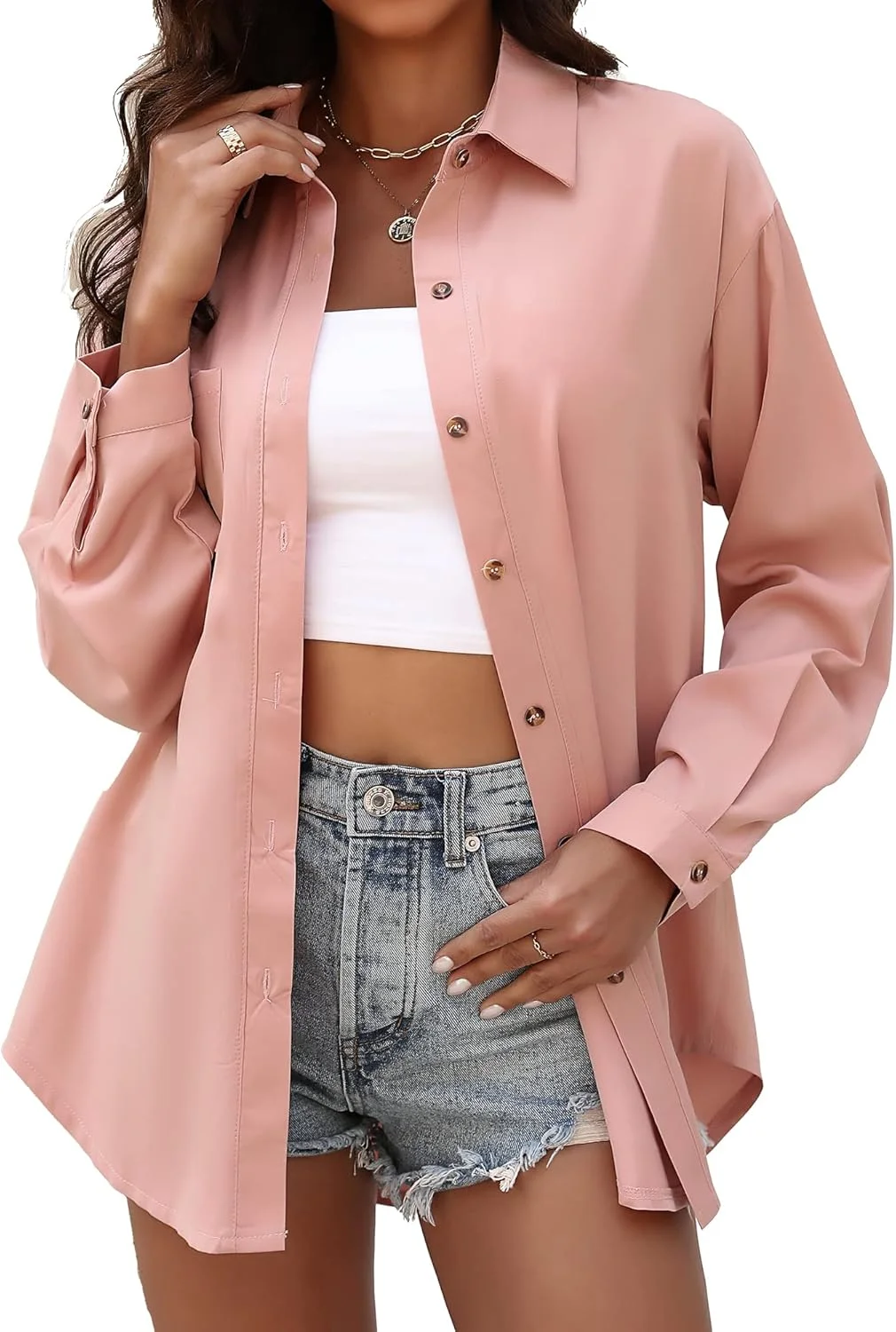 KYLELOVE بلوز زنانه دکمه دار یقه دار آستین بلند، تاپ های گشاد غیر رسمی با جیب