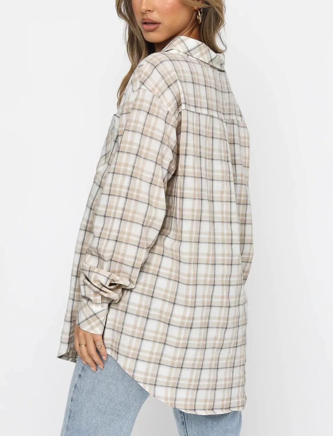 پیراهن فلانل چهارخانه بوفالو زنانه لاکوزی، آستین بلند، یقه دکمه دار، بلوز و تاپ، زردآلویی روشن سفید، XXL