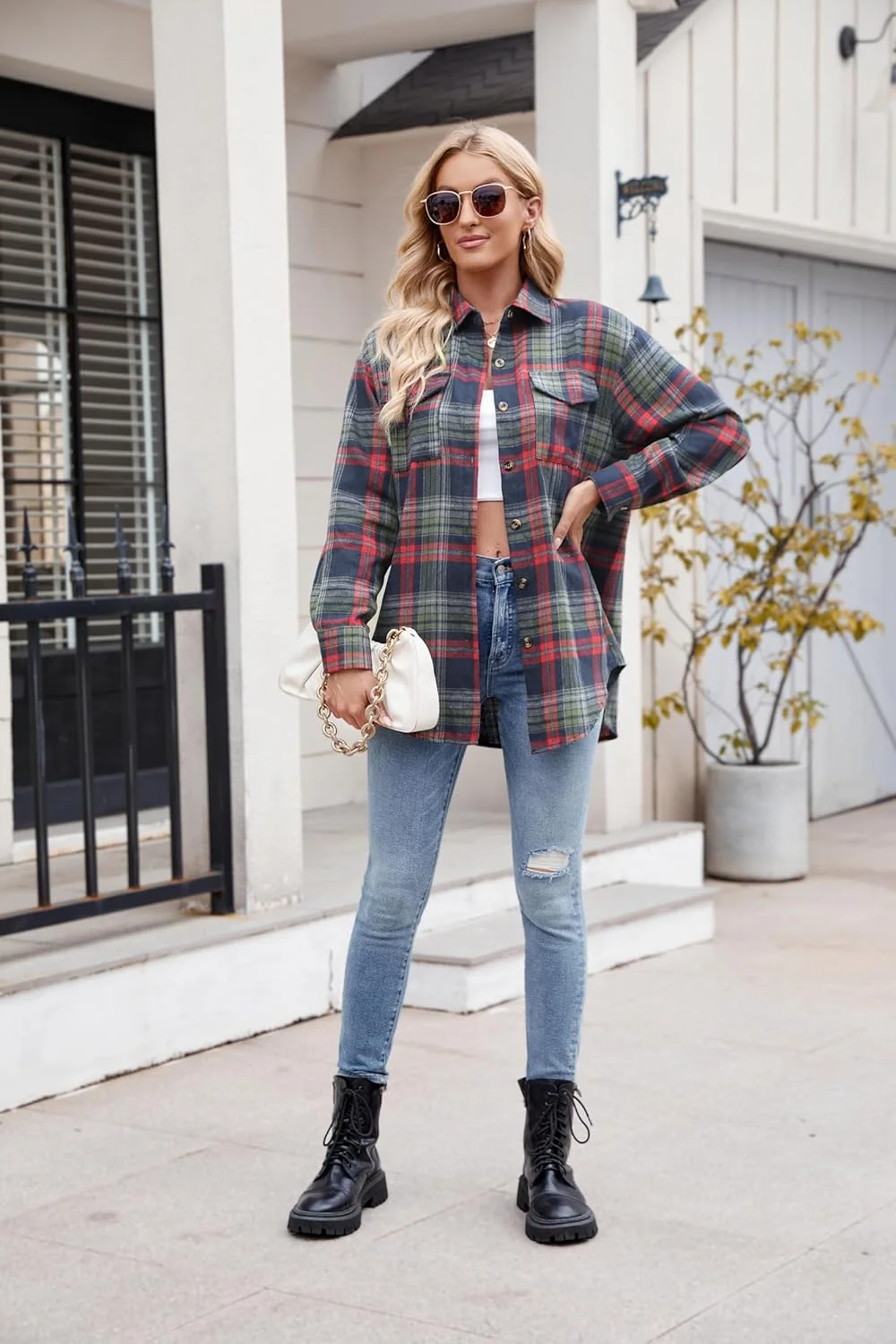 پیراهن چهارخانه زنانه Kuukaas، آستین بلند، طرح چهارخانه، پیراهن دکمه دار بزرگ با جیب