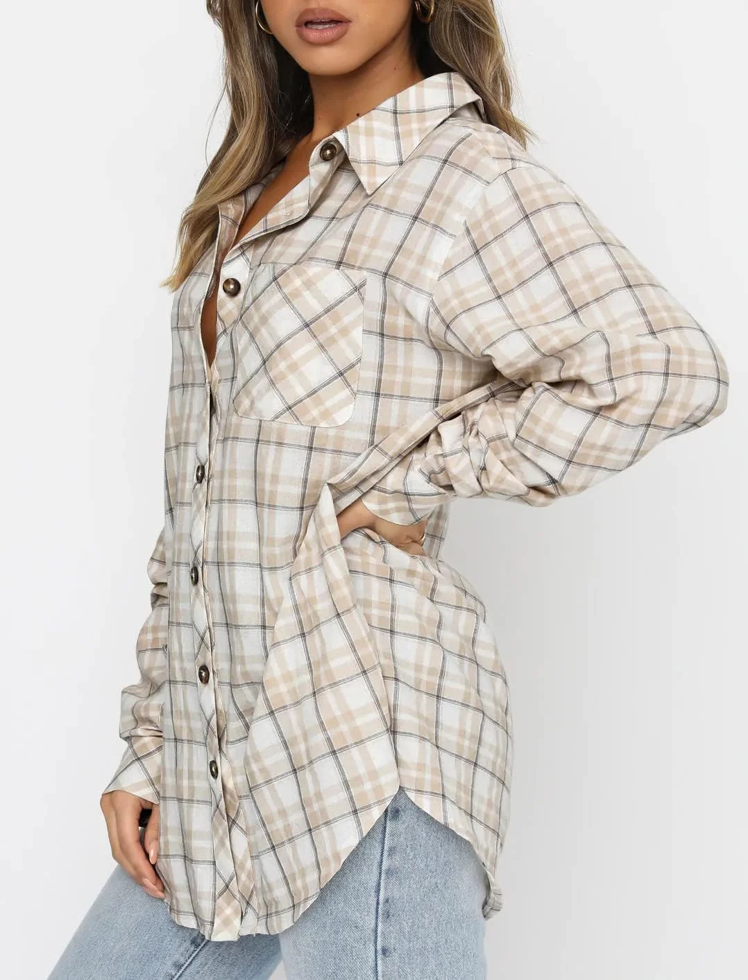 پیراهن فلانل چهارخانه بوفالو زنانه لاکوزی، آستین بلند، یقه دکمه دار، بلوز و تاپ، زردآلویی روشن سفید، XXL
