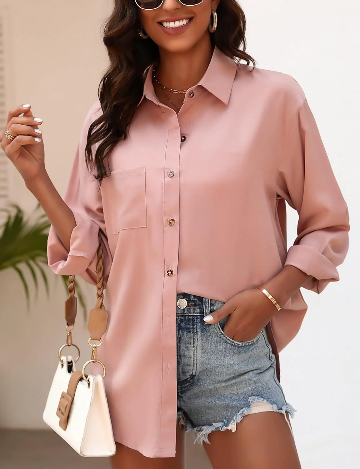 KYLELOVE بلوز زنانه دکمه دار یقه دار آستین بلند، تاپ های گشاد غیر رسمی با جیب