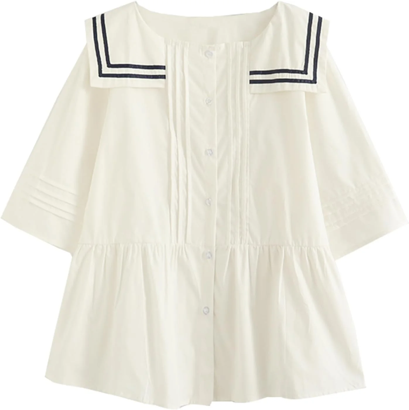 بلوز زنانه یقه ملوانی KUFEIUP آستین سه ربع دکمه دار پلیسه دار