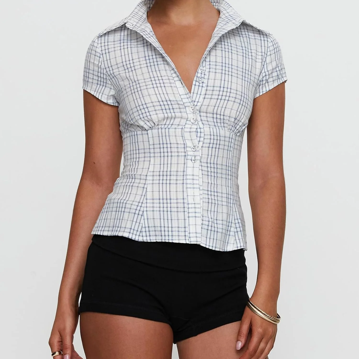 پیراهن های دکمه دار چهارخانه زنانه Kouoybt، بلوز کوتاه آستین کوتاه Y2K یقه هفت، تاپ تابستانی وینتیج و جذب
