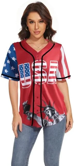 پیراهن دکمه دار طرح پرچم آمریکا، لباس بیسبال زنانه، تی شرت غیر رسمی طرح چهارم جولای، بلوز و تاپ