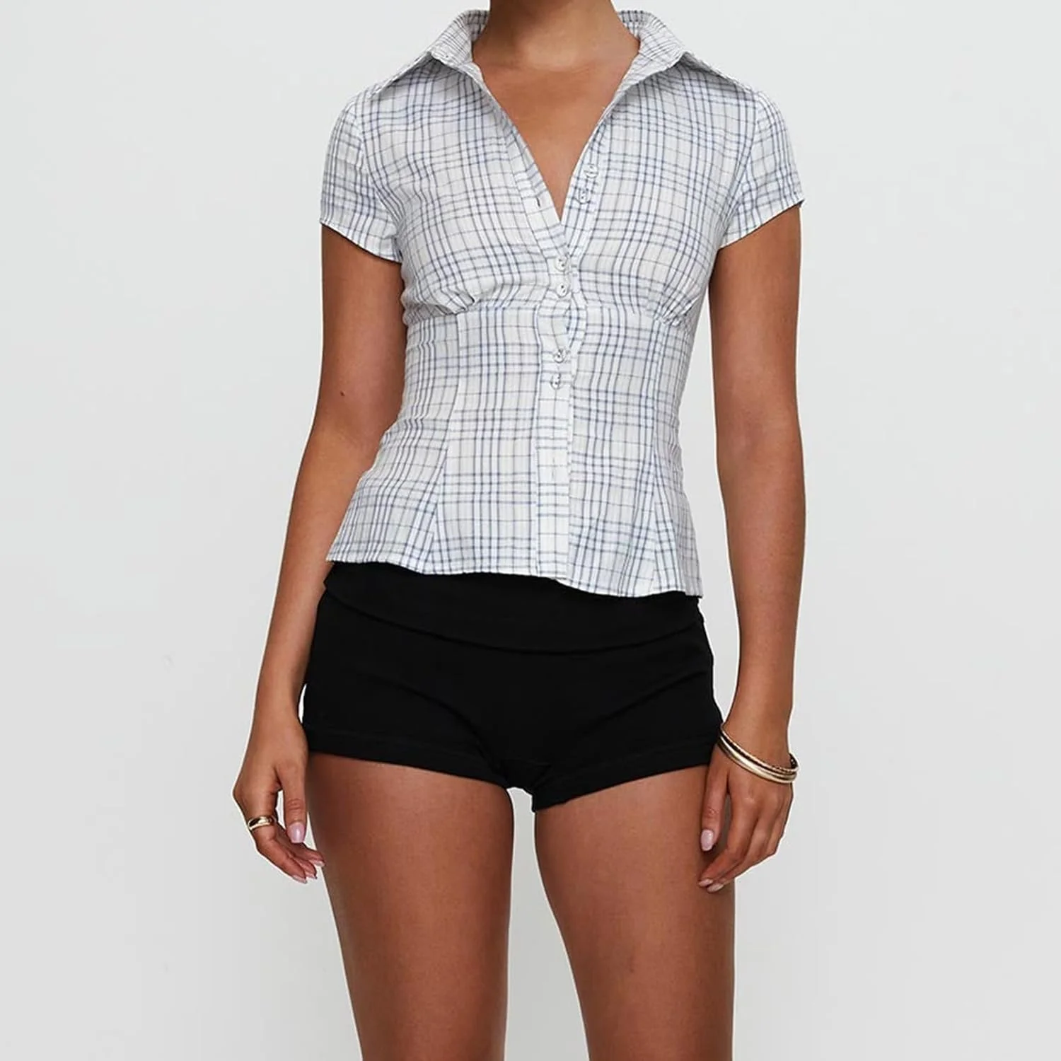 پیراهن های دکمه دار چهارخانه زنانه Kouoybt، بلوز کوتاه آستین کوتاه Y2K یقه هفت، تاپ تابستانی وینتیج و جذب