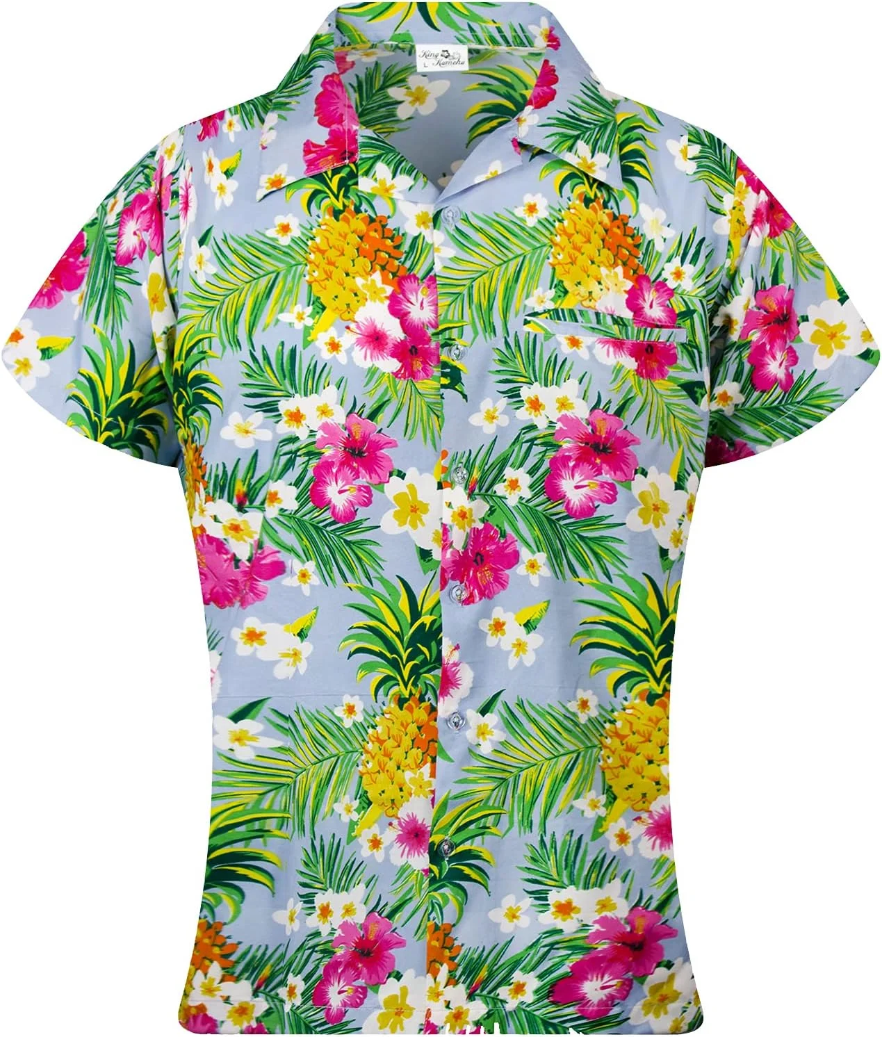 کینگ کامهاما بلوز هاوایی فانکی، پیراهن هاوایی زنانه آستین کوتاه، جیب جلو، طرح هاوایی، چاپ گل آناناس