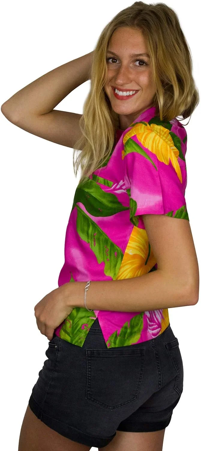 بلوز هاوایی زنانه کینگ کامهاما، پیراهن دکمه دار غیر رسمی و شاد، آستین کوتاه با طرح گل بزرگ