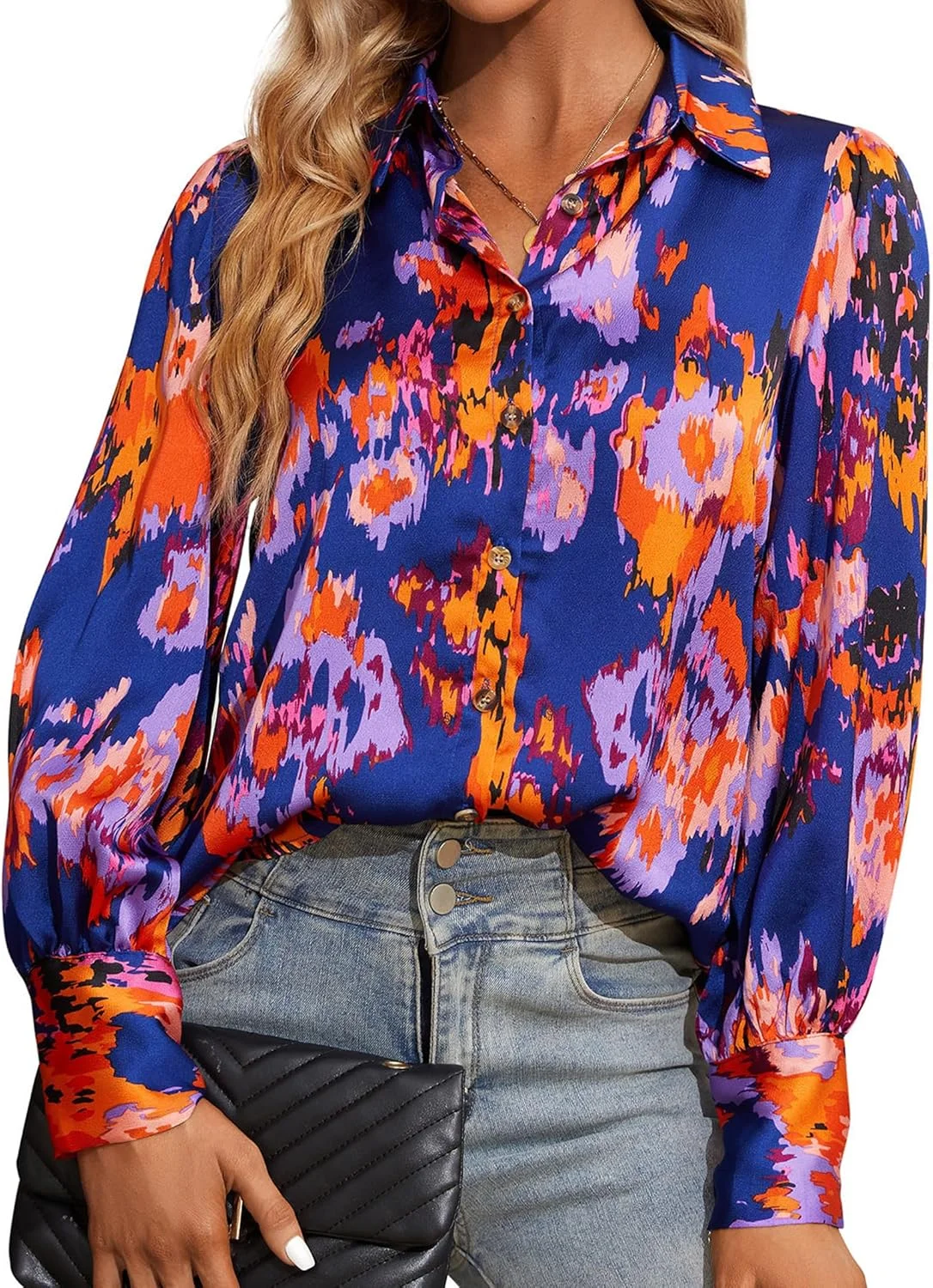 KOJOOIN بلوزهای زنانه طرح انتزاعی، پیراهن های آستین بلند دکمه دار، لباس های غیر رسمی تجاری به سبک بوهو