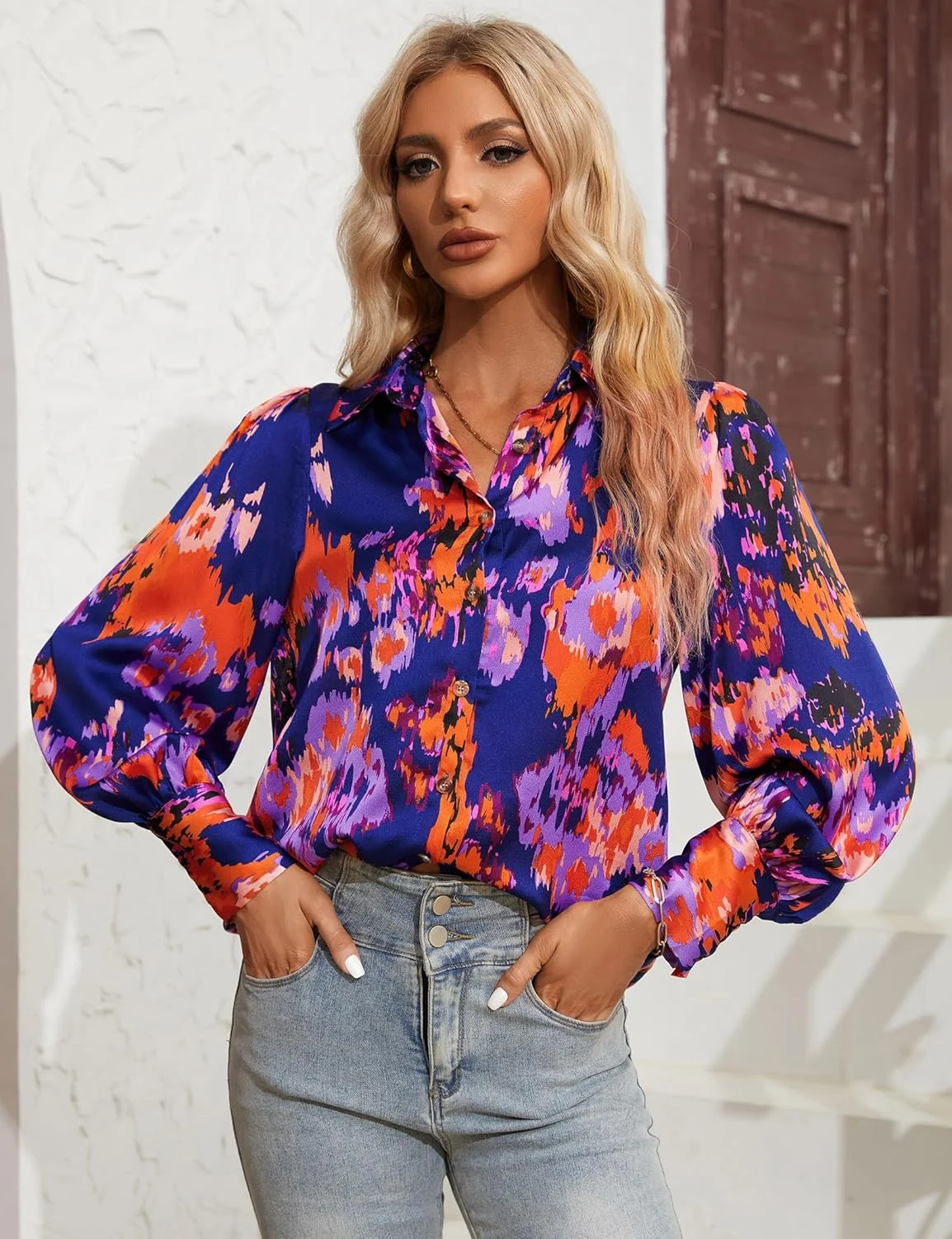 KOJOOIN بلوزهای زنانه طرح انتزاعی، پیراهن های آستین بلند دکمه دار، لباس های غیر رسمی تجاری به سبک بوهو