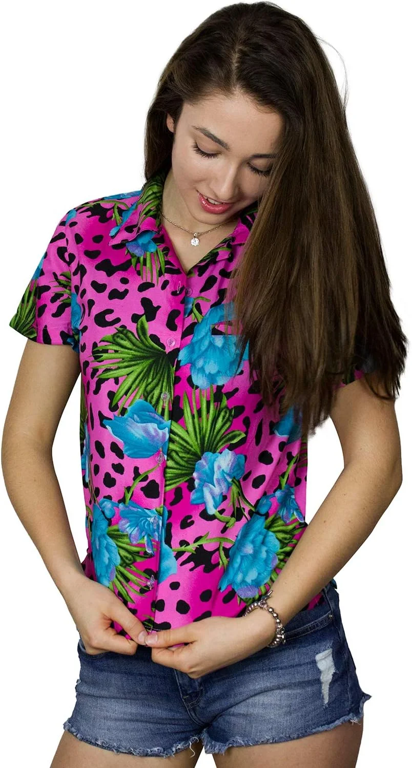 بلوز زنانه کینگ کامهاما - پیراهن آستین کوتاه دکمه دار غیر رسمی طرح پلنگی گلدار مناسب تعطیلات هاوایی