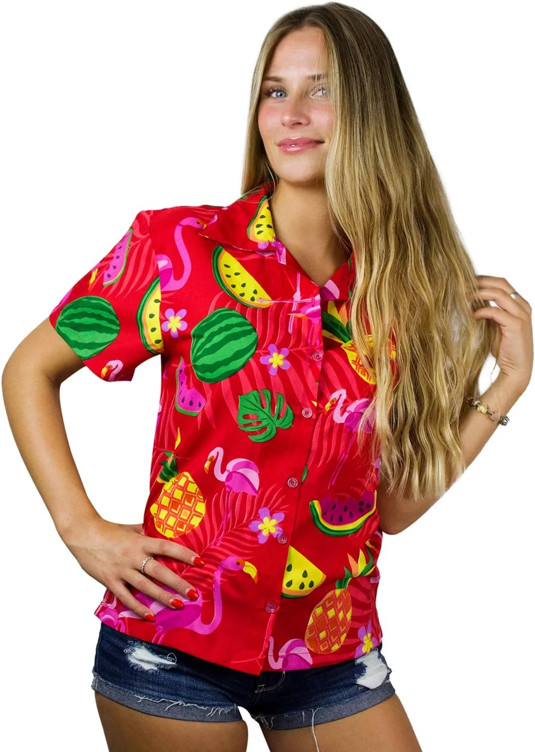 کینگ کامهاما بلوز هاوایی فانکی زنانه آستین کوتاه طرح هاوایی جیب جلو طرح فلامینگو هندوانه آناناس
