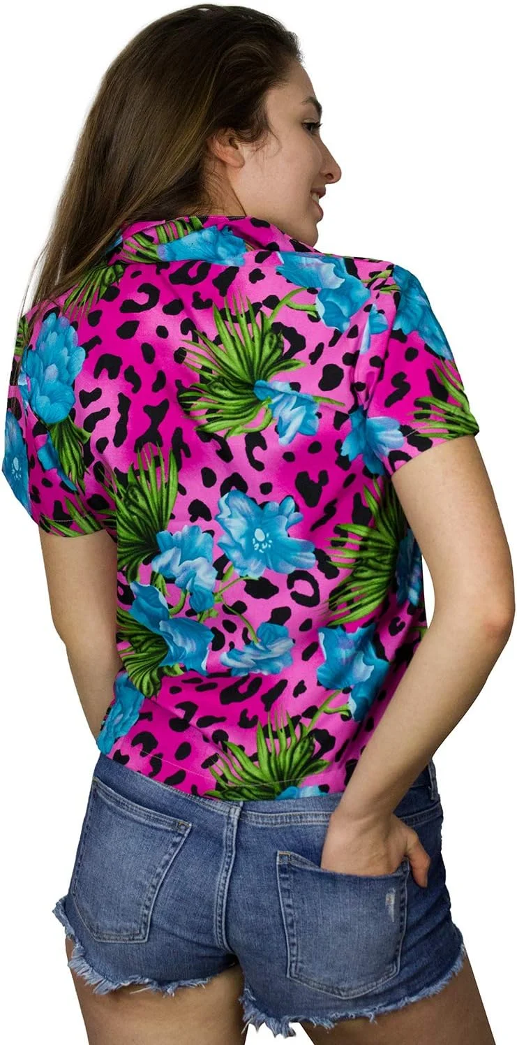 بلوز زنانه کینگ کامهاما - پیراهن آستین کوتاه دکمه دار غیر رسمی طرح پلنگی گلدار مناسب تعطیلات هاوایی