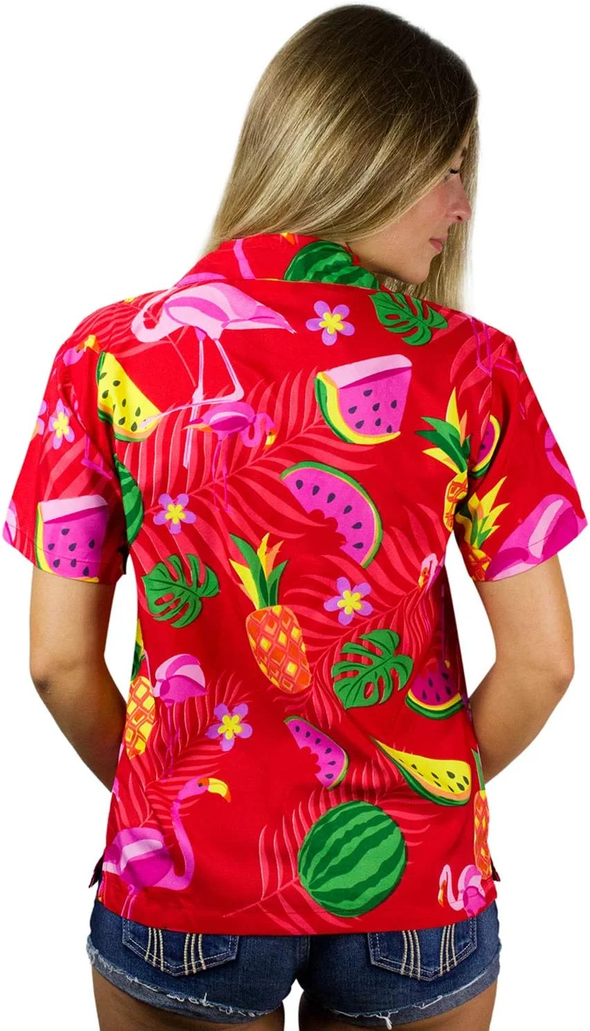 کینگ کامهاما بلوز هاوایی فانکی زنانه آستین کوتاه طرح هاوایی جیب جلو طرح فلامینگو هندوانه آناناس