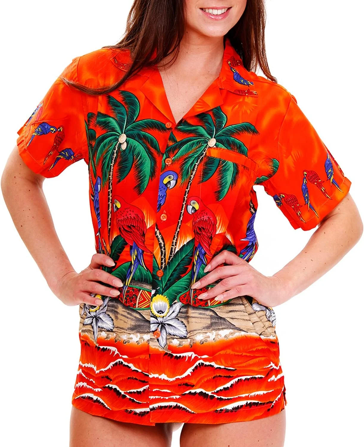 بلوز هاوایی غیر رسمی زنانه با جیب جلو، دکمه دار، آستین کوتاه طرح گل، مناسب مهمانی ساحلی با طرح طوطی