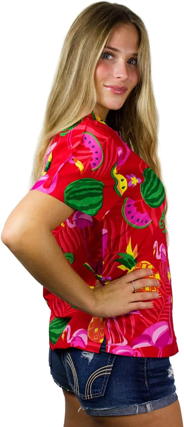 کینگ کامهاما بلوز هاوایی فانکی زنانه آستین کوتاه طرح هاوایی جیب جلو طرح فلامینگو هندوانه آناناس