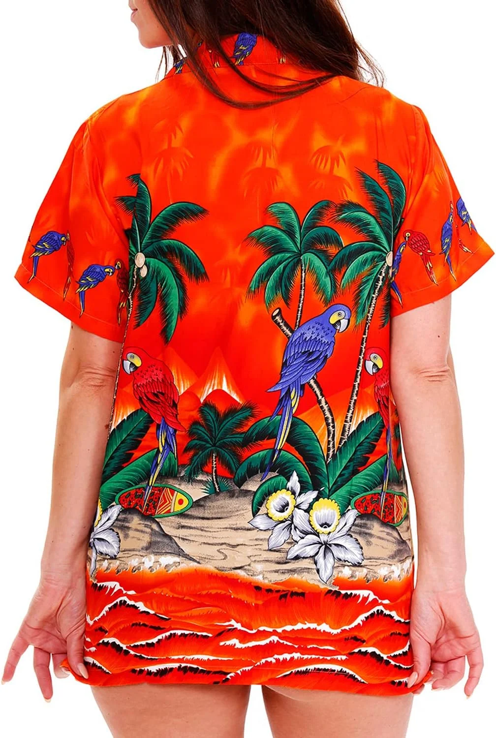 بلوز هاوایی غیر رسمی زنانه با جیب جلو، دکمه دار، آستین کوتاه طرح گل، مناسب مهمانی ساحلی با طرح طوطی
