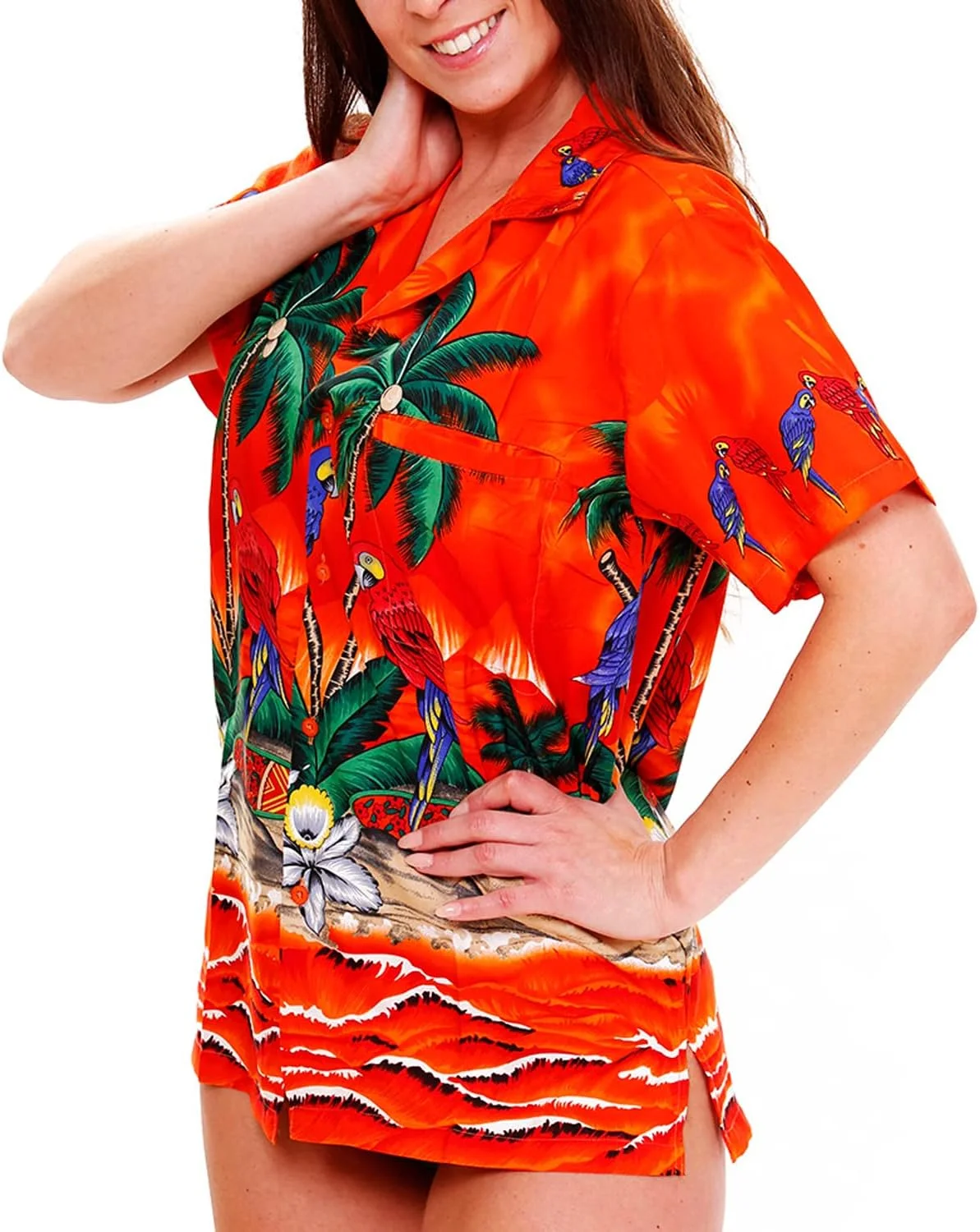 بلوز هاوایی غیر رسمی زنانه با جیب جلو، دکمه دار، آستین کوتاه طرح گل، مناسب مهمانی ساحلی با طرح طوطی