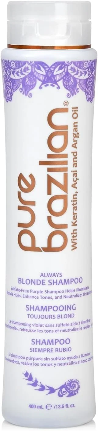 شامپو Pure Brazilian Always Blonde حاوی کراتین، آکای و روغن آرگان، شامپو بنفش برای موهای رنگ شده، بدون سولفات، 400 میلی لیتر شامپو Pure Brazilian Always Blonde حاوی کراتین، آکای و روغن آرگان، شامپو بنفش برای موهای رنگ شده، بدون سولفات، 400 میلی لیتر