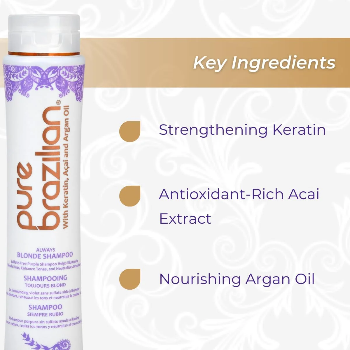 شامپو Pure Brazilian Always Blonde حاوی کراتین، آکای و روغن آرگان، شامپو بنفش برای موهای رنگ شده، بدون سولفات، 400 میلی لیتر