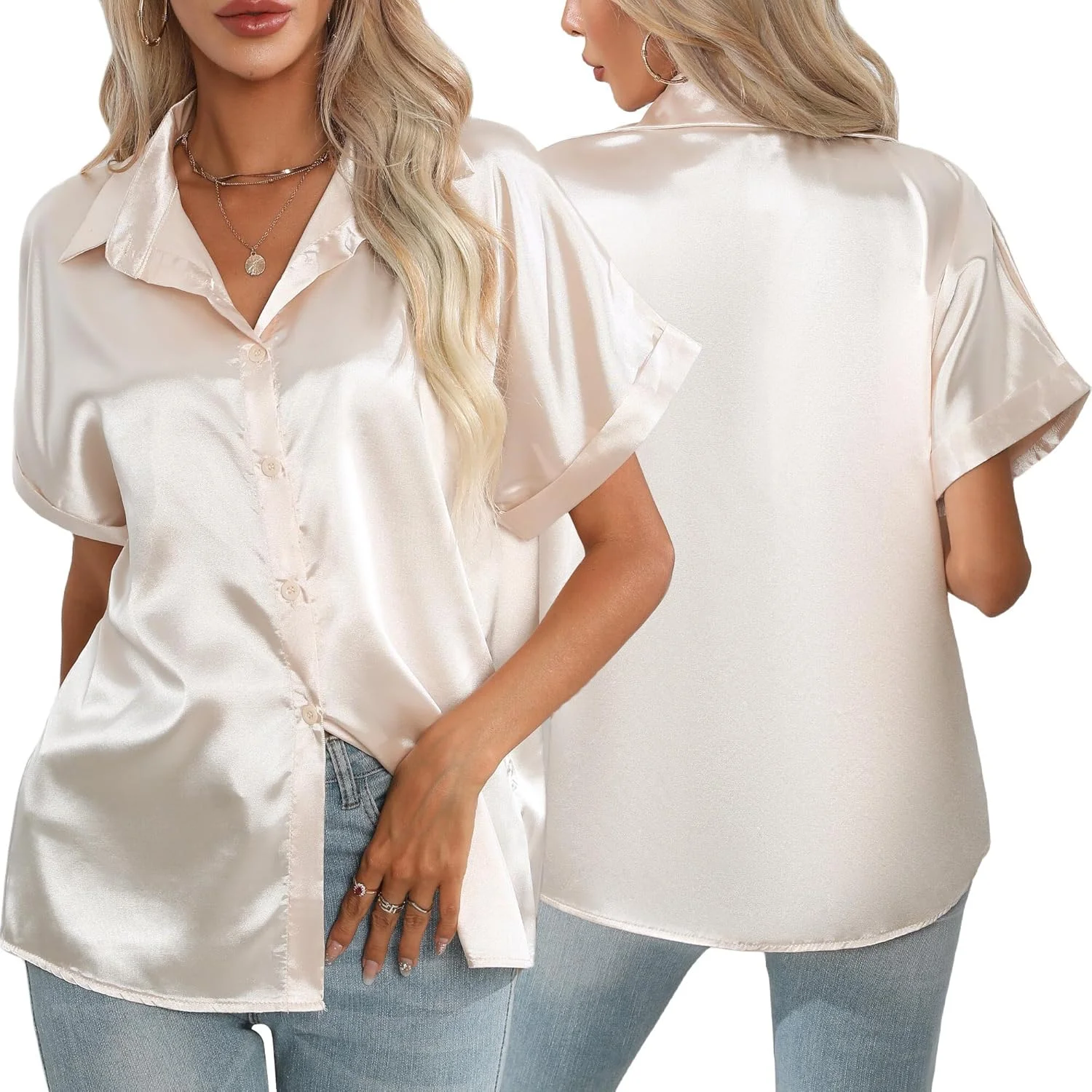 پیراهن دکمه دار ساتن زنانه KEOYA آستین کوتاه مناسب دفتر کار، بلوز یقه هفت شیک و مجلسی، تاپ های ابریشمی سبک کژوال