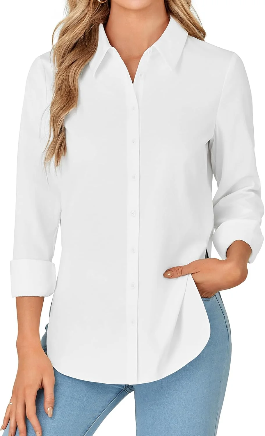 کیفوون، بلوز زنانه آستین بلند دکمه دار، یقه هفت، تونیک بغل چاک دار، مناسب استفاده روزمره