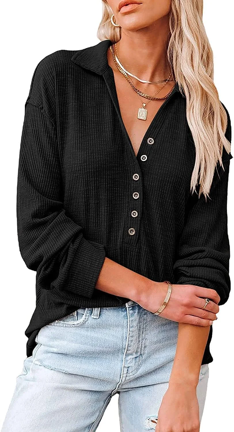 بلوز زنانه آستین بلند دکمه دار یقه هفت مدل Henley، بافتنی کبریتی، مناسب محل کار