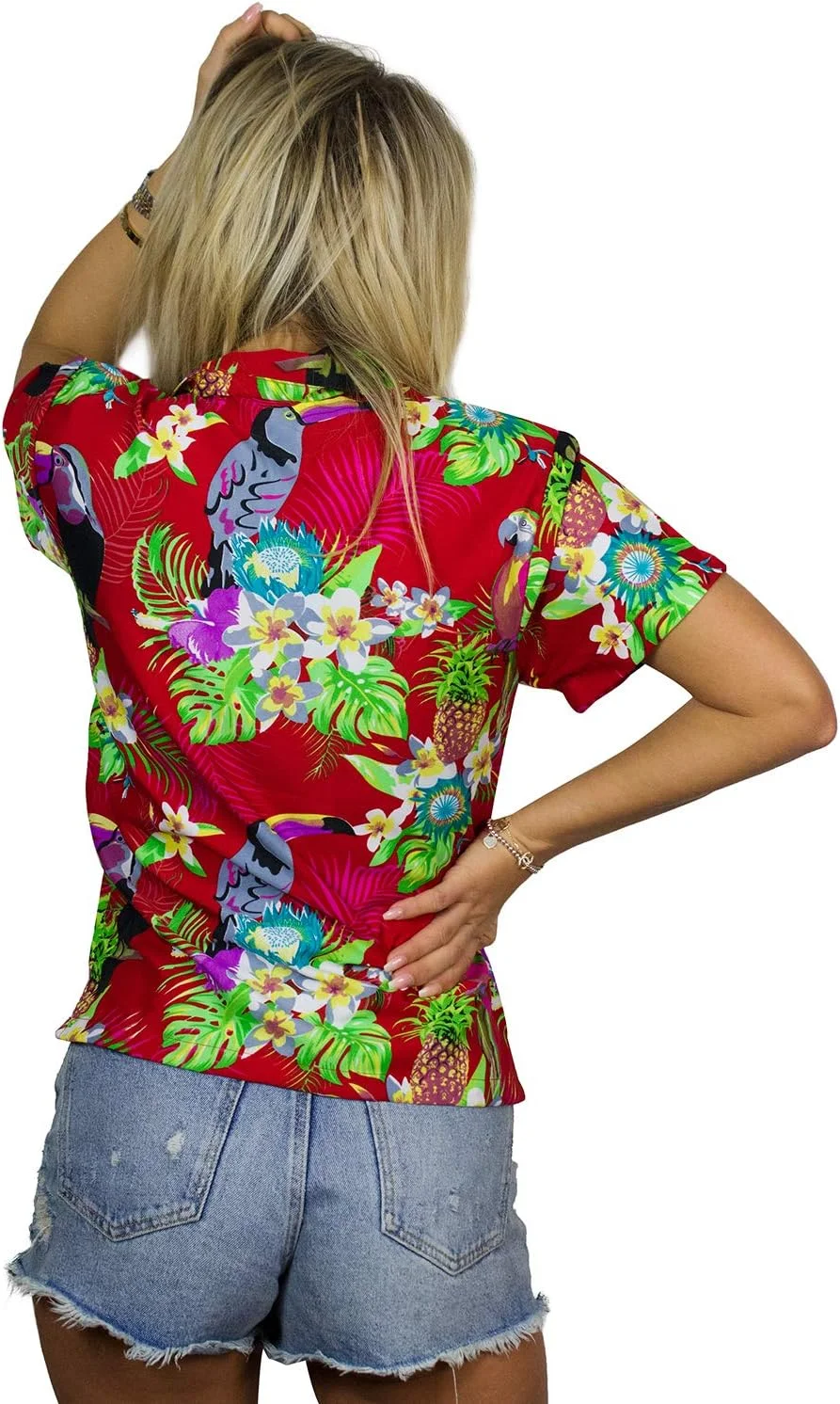 بلوز هاوایی زنانه، پیراهن دکمه دار غیر رسمی با طرح های شاد، آستین کوتاه، طرح طوطی و کاکادو