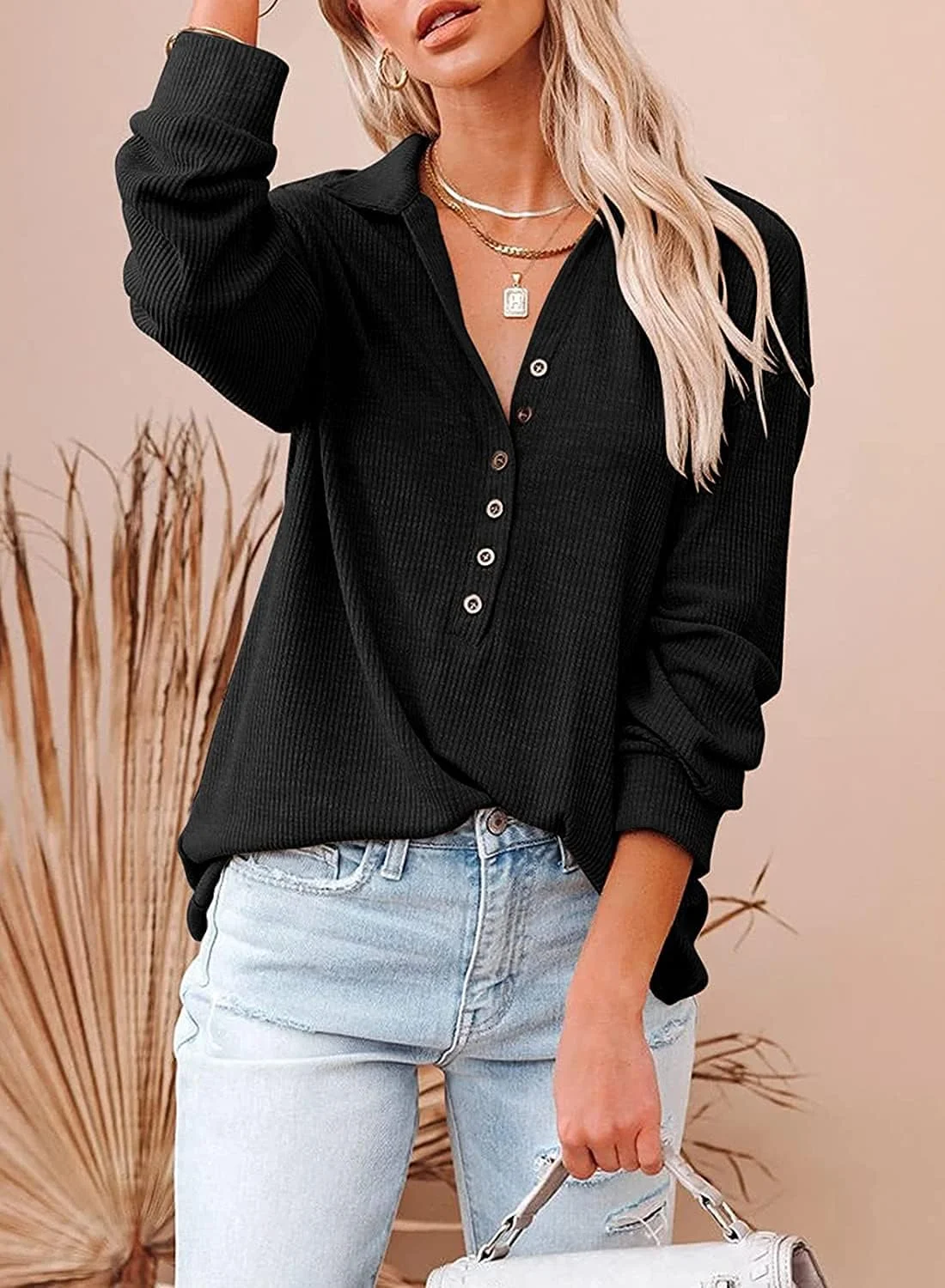 بلوز زنانه آستین بلند دکمه دار یقه هفت مدل Henley، بافتنی کبریتی، مناسب محل کار